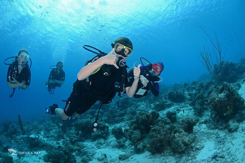Plongeuse guidée au-dessus du récif dans l'eau bleue de Curaçao.