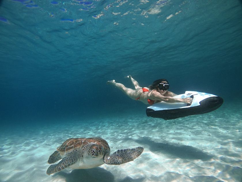 Nageuse en SeaBob croisant une tortue verte sur le fond sableux, Curaçao.