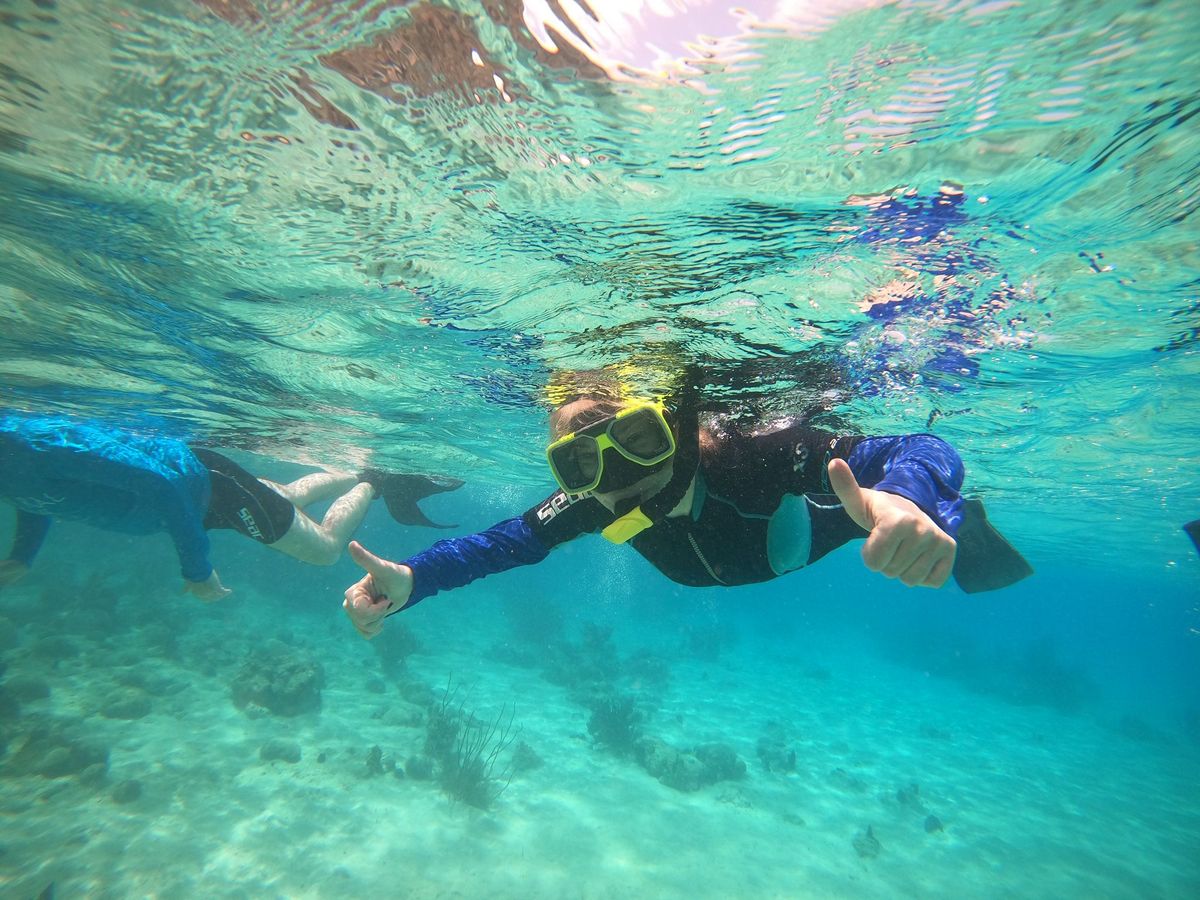 Deux personnes en masque et tuba nagent côte à côte dans l'eau turquoise de Curaçao.