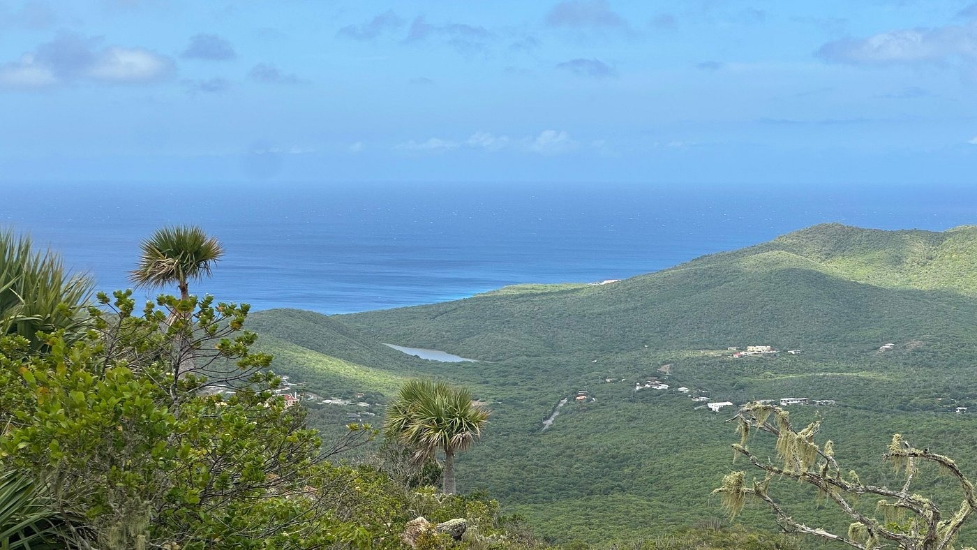 Panorama sur les collines verdoyantes et la mer depuis le parc Christoffel, Curaçao.